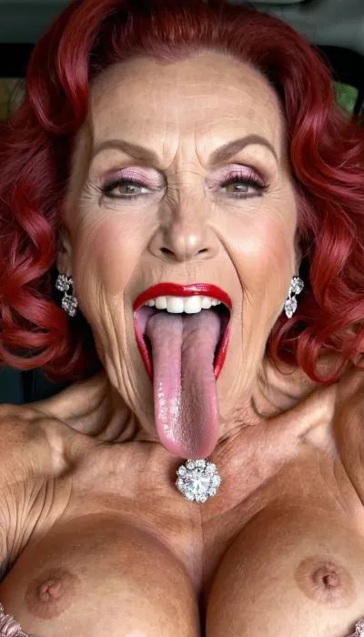 smile skinny brigitte nilsen old granny, smile gilf streches out her extreme long tongue, usa pervert old bodybuilding muscle woman gilf with long tongue, massive boobs, open her mouth big, waiting for cumshot, in bed, smokey, lipstick, ginger kinky curly hair cut, with very massive tits hugh boobs, sticks her extreme long tongue out of her mouth, big open mouth, in a car, wearing a silver pink rose transparent diamant silver tight sweater with tits free hole, hairstyle after sex, make up running down, kinky crazy granny, gold jewellery, red peral neckless