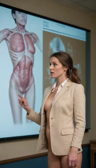woman, female school teacher explaining biology during a power-point presentation, ((The presentation projected on the wall represents the male reproductive system)), (open jacket revealing naked breasts, lecture, students, view from afar)