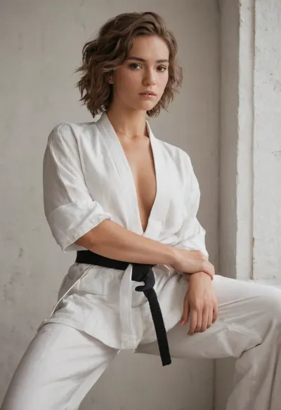 20 year old woman, tomboy, androgynous body, Very short Messy Chestnut Brown hair, Toned body, Caucasian with tanned skin, gentle fingers usually curled up in a fist, surprisingly strong arms, long legs, medium breasts, medium butt, wears a white karate kimono, black belt, white pants are already somewhat short