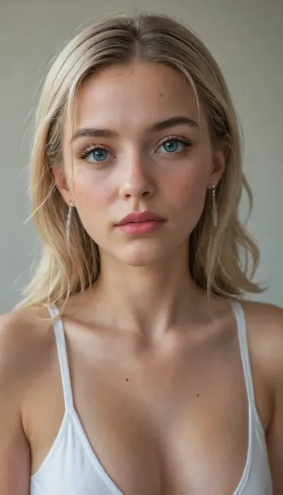 imagen hiperrealista de una mujer joven, ((que se vea todo el cuerpo)), hermosa figura, cintura delicada, piernas flacas, cola pequeña y redonda, pechos medianos duros
con cabello marrón claro con reflejos cobrizos y anaranjados. Su melena es ligeramente ondulada y cae de manera natural sobre sus hombros, con mechones sueltos que aportan un toque desenfadado y playero. Sus ojos son de un verde vibrante, expresivos y luminosos, reflejando la luz de manera realista.

Mandibula inferior prominente.

Su piel es ligeramente bronceada, con un brillo natural y sutiles pecas sobre sus mejillas y nariz. Su expresión es relajada y amigable, con una leve sonrisa en los labios. Tiene cejas bien definidas, gruesas pero armoniosas, enmarcando su mirada. Sus labios son carnosos y de un tono rosado natural., ((Se encuentra caminando desnuda en la playa junto a un hombre desnudo)), El escenario es una playa tropical, con arena clara y fina, agua cristalina de tonos turquesa y vegetación frondosa en el fondo.

1 hombre desnudo caminando