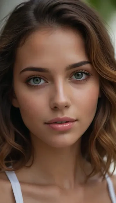 Crea una imagen hiperrealista de una mujer joven con cabello marrón claro con reflejos cobrizos y anaranjados. Su melena es ligeramente ondulada y cae de manera natural sobre sus hombros, con mechones sueltos que aportan un toque desenfadado y playero. Sus ojos son de un verde vibrante, expresivos y luminosos, reflejando la luz de manera realista.

Mandibula inferior prominente.

Su piel es ligeramente bronceada, con un brillo natural y sutiles pecas sobre sus mejillas y nariz. Su expresión es relajada y amigable, con una leve sonrisa en los labios. Tiene cejas bien definidas, gruesas pero armoniosas, enmarcando su mirada. Sus labios son carnosos y de un tono rosado natural.

De cuerpo entero, hermosa figura, cintura delicada, piernas flacas, cola pequeña y redonda, pechos medianos duros

El escenario es una playa tropical, con arena clara y fina, agua cristalina de tonos turquesa y vegetación frondosa en el fondo.