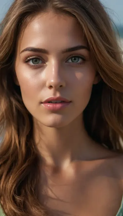 Crea una imagen hiperrealista de una mujer joven con cabello marrón claro con reflejos cobrizos y anaranjados. Su melena es ligeramente ondulada y cae de manera natural sobre sus hombros, con mechones sueltos que aportan un toque desenfadado y playero. Sus ojos son de un verde vibrante, expresivos y luminosos, reflejando la luz de manera realista.

Mandibula inferior prominente.

Su piel es ligeramente bronceada, con un brillo natural y sutiles pecas sobre sus mejillas y nariz. Su expresión es relajada y amigable, con una leve sonrisa en los labios. Tiene cejas bien definidas, gruesas pero armoniosas, enmarcando su mirada. Sus labios son carnosos y de un tono rosado natural.

De cuerpo entero, hermosa figura, cintura delicada, piernas flacas, cola pequeña y redonda, pechos medianos duros

El escenario es una playa tropical, con arena clara y fina, agua cristalina de tonos turquesa y vegetación frondosa en el fondo.