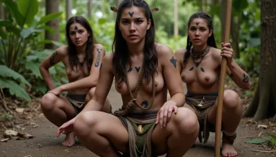 A group of young tribal women crouched in a dense, tropical jungle, around 25 years old. She has pale skin covered in war paint forming angular, symbolic patterns across her face, arms, and torso. Her skin is also smeared with patches of mud, wet body, as if she’s been moving through heat and mist. Her long, dark braided hair is decorated with feathers, beads, and small bones. She wears primitive garments, a bark-fiber chest wrap with moss and leather strips, adorned with animal teeth and carved stones. Her skirt is made of layered vines and dyed cloth strips, irregular and tribal. She is barefoot, with rope and wooden ornaments on her wrists and ankles. She carries a wooden bow in one hand, her posture low and cautious, tracking something just out of frame. Her expression is intense, focused. The atmosphere is hot, humid, and heavy with mist and jungle sounds. Cinematic lighting, semi-realistic style, full-body view, look at viewer.