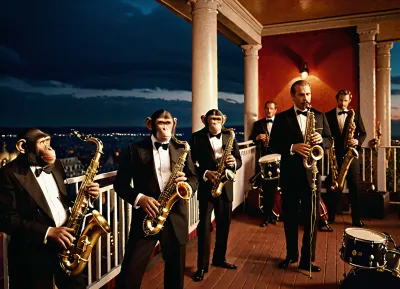 Super realistic image, full color image, 8K quality, super detail, masterpiece, “The Master and Margarita”, Satan's ball, A jazz band of monkeys of different breeds plays jazz on a large balcony
