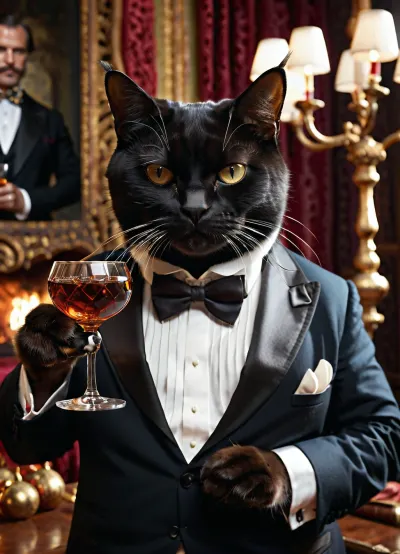 Super realistic image, full color image, 8K quality, super detail, masterpiece, “The Master and Margarita”, Satan's ball, huge fat black cat, white bow tie around his neck, wearing a pince-nez, standing on his hind legs, holding a glass of cognac in his right front paw, акщте view