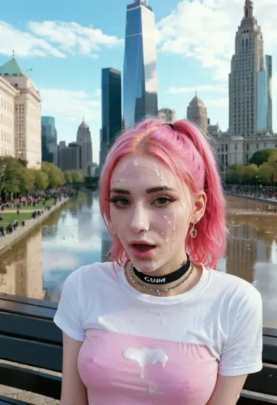 young 18 years old slender egirl sitting on a bench, surprised face, pink hair, (phone in hand), cute tall face, (bright egirl makeup:1.2), (City Park), (a lot of cum on face:1.6), (view from above:1.2), (youth clothing style, e-girl style, tight T-shirt, choker, jewelry, bracelet on the wrist:1.2), bright sunny day, big city in the background, skyscrapers in the background, cinematic style, <lora:JustCum:.5>, <lora:MS_Real_XL_Bukkake:.5>