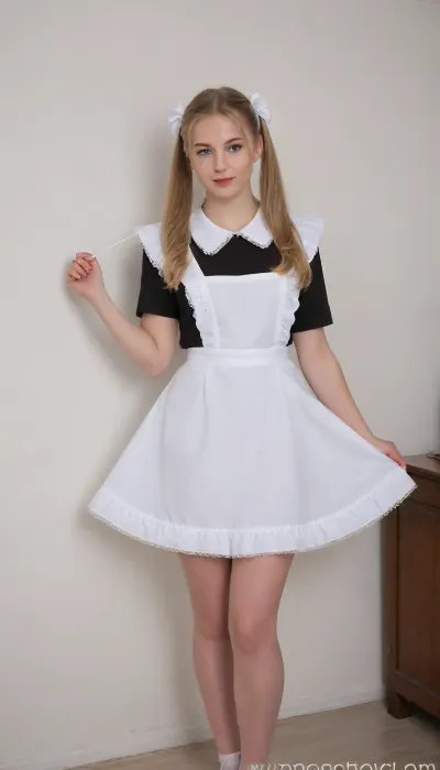 magazine cover, fantastic, retrofiturism, beautiful blonde 18 years old with ponytails woman, hands up, white bows, black dress, white apron, soviet schoolgirl, white lingerie, white shoes, high heels, background white walls, suxl, M3L0DYM4RK5, VintageMagStyle, <lora:suxl:.8>, <lora:M3L0DYM4RK5 [vvugot1905cc735fbp19f1]:.7>, <lora:SDXL-VintageMagStyle-Lora:1.5>, <lora:Old_Sci-fi-SDXL:1.5>