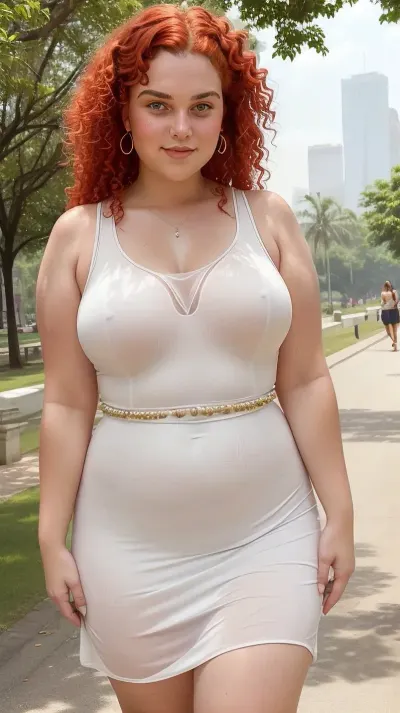 A corpulent 20-year-old woman with bright red curls stands in the blazing midday sun of a city park, her sleeveless summer dress clinging to her sweating skin as she wipes the shimmering sweat from her forehead with one hand and lifts the hem of her steaming dress from her thigh with the other, close-up with visible beads of sweat on reddened cheeks, shimmering heat over the asphalt and a warm, humid haze in the air.