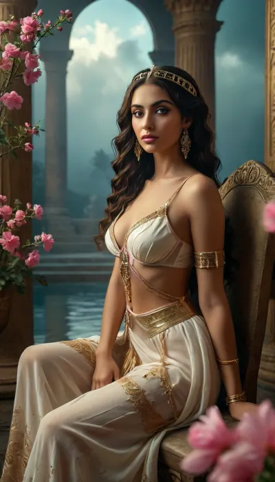 full body shot of a beautiful, majestic Egyptian queen with long dark hair, adorned with intricate gold jewelry and a flowing white and gold translucent gown. She is seated in a serene, mystical setting. The background features a large, dark pyramid under a dramatic, cloudy night sky with a strong beam of light descending from above onto the pyramid's apex. Two illuminated ancient Egyptian pillars stand on either side of the queen. The foreground includes a reflective body of water, (possibly a pool or pond), with blooming pink flowers and lush greenery surrounding it, and subtle mist or smoke rising from the water. The overall lighting is dramatic and ethereal, with strong contrasts between light and shadow, highlighting the gold accents and the queen's features. The atmosphere is mystical, ancient, and powerful.

Art style, Hyperrealistic, highly detailed, fantasy art, cinematic lighting, dramatic chiaroscuro.
Camera, Eye-level shot, wide angle, professional studio lighting.
Colors, Dominant gold, dark blues/grays of the night sky, subtle pinks and greens from the flora, glowing whites., panties pulled to side, pussy shaved, pussy visible, <lora:MJ52:.8>, <lora:GarterbeltXL:.8>, <lora:Pussy_pants_nohands_D03_realvizXL2_bucket_01-000010:1>