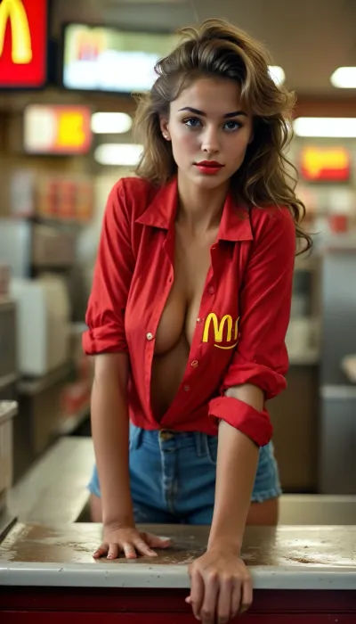Beautiful young woman working at a McDonald's in 1984, unbuttoned short, McDonald's uniform, 1980s styles and hair, leaning over the counter, cleaning the counter with a rag, plump lips, sweaty, covered in sweat, big ass, ((perky butt)), muscular ass, toned ass, but, <lora:MJ52:.5>, <lora:BUT_SDXL_SHS:.5>, downblouse, nipslip, <lora:RealDownblouseXL2:.8>