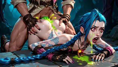 ((((Jinx from league of legends)))), ((shocked)), ((fucked by singed from league of legends)), (((glowing green cum))), (((ass fucked from behind))), ((glowing green cum on face)), arcane, jinx, <lora:jinx:.8>