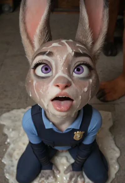 Animal bunny, Judy Hopps, zootopia, porno animals, sitting on knees, lustful look, (((cum on face:1.3))), (((huge cum load on face))), (((facial:1.3))), hd 4k, animation, pussy bunny, ahegao, police suit body, orgasm pussy, ears down, fluffy pussy, red Fox normal clothes, slaves, Judy Hopps slaves, focus on face, sharp focus, close up, <lora:754990_training_data:1.5>