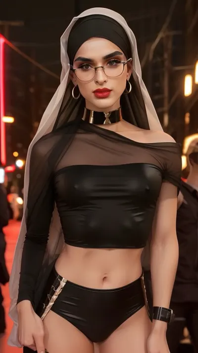 A digital portrait of a soft, self-conscious crossdressing boy. He wears a tight, black tube crop top — flat and strapless — baring his smooth collarbones and slim upper chest with no suggestion of cleavage. He has a slim and athletic chest, with visible feminine slim abs. His arm are very slim. His body is slim and lightly athletic, toned with subtle muscle definition — narrow waist, soft contours, and gentle curves in his limbs. His black vinyl leggings are extremely short and cling tightly around his thighs and groin, clearly outlining a visible bulge beneath the glossy fabric. He is wearing islamic yet trashy clothes. He wear a red lipstick. His arms are athletic but thin.

His smooth skin is hairless, emphasizing his exposed body and submissive presentation. His clean-shaven face is heavily painted with cheap red lipstick, mismatched blush, and thick eyeliner. While the makeup is loud and uneven, his facial features remain unmistakably male — a softly angular jaw, defined nose, and slightly thick brows — but softened enough to appear uncertain and vulnerable. His large, anxious brown eyes peer out from behind round, girly round glasses, betraying both fear and a desperate need for approval. Between his legs, a bulge is visible underneath his short.

His dark brown hair is natural, short, and styled in a boyish way. No wig. He wears cheap earrings, a black choker, and flashy accessories that exaggerate his bimbo transformation. The background is a narrow street in a red light district. It is midnight. He is looking at the camera in a shy and submissive way. The image blends anime and realism, capturing his erotic vulnerability — caught between desperation to be sexy and the anxiety of being visibly, undeniably male.

He is wearing a hijab., <lora:Femboy_Face:.8>