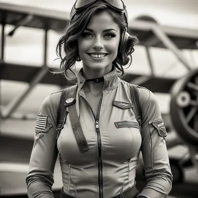 (black and white photograph), Sexy WWIs female flying ace, unzipping jumpsuit, flight suit unzipped, cleavage, 1920 s hairstyle, 1920s makeup, stepping out of the cockpit of old timey plane, smiling, in love, toned, slender, large breasts, toned abs, uberfit, muscular, athletic, but, <lora:uberfit_lora_sdxl:.3>, <lora:MJ52:.8>, <lora:BUT_SDXL_SHS:.8>