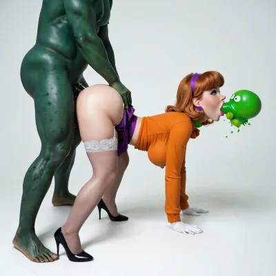 Daphne from scooby doo, daphne, deep penetration, rough sex, big ass, bubble butt, hourglass, breasts out, breasts exposed, erect nipples, hard nipples, trembling, sexy body, perfect face, large breasts, puffy breast, tight waist, long black eyelashes, long eyelashes, green eyes, busty lips in pink lipstick, makeup, purple blazer, purple pleated skirt, white pastel lace stockings, white garter belt, earrings, green choker, white gloves, purple high heels, detailed, ultra detailed, high resolution, extreme bounce lines, extreme motion lines, surprised, detailed face, mouth wide open, movement lines, creampie, wide open mouth, ghost fucking daphne, no man, ghost, legs up, full body view, (doggystyle:1.4), (anal sex:1.3), (irrumatio:1.4), by, (two green blob monsters from scooby doo:1.4), huge cocks, (in a haunted mansion:1.2)