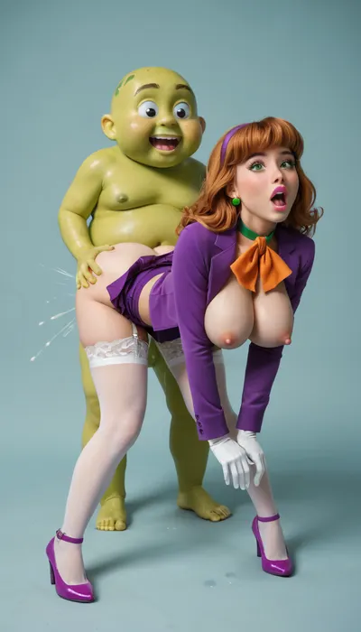 Daphne from scooby doo, daphne, deep penetration, rough sex, big ass, bubble butt, hourglass, breasts out, breasts exposed, erect nipples, hard nipples, trembling, sexy body, perfect face, large breasts, puffy breast, tight waist, long black eyelashes, long eyelashes, green eyes, busty lips in pink lipstick, makeup, purple blazer, purple pleated skirt, white pastel lace stockings, white garter belt, earrings, green choker, white gloves, purple high heels, detailed, ultra detailed, high resolution, extreme bounce lines, extreme motion lines, surprised, detailed face, mouth wide open, movement lines, creampie, wide open mouth, ghost fucking daphne, no man, ghost, legs up, full body view, (doggystyle:1.4), (anal sex:1.3), by, (green blob monster from scooby doo:1.3), huge cock, in a haunted mansion