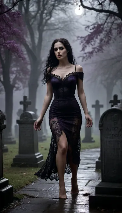 A sensual gothic scene in a rainy graveyard at night, a seductive woman dances barefoot between tombstones, wearing a sheer, rain-soaked black lace dress clinging to her curves. Her mourning veil is gone, her body lit by flickering candlelight and moonlight. Only one color – a vivid purple ribbon tied around her thigh. Mist swirls, stone statues seem to watch, dramatic shadows and melancholic eroticism, cinematic black and white with single color accent, high detail, fantasy realism.