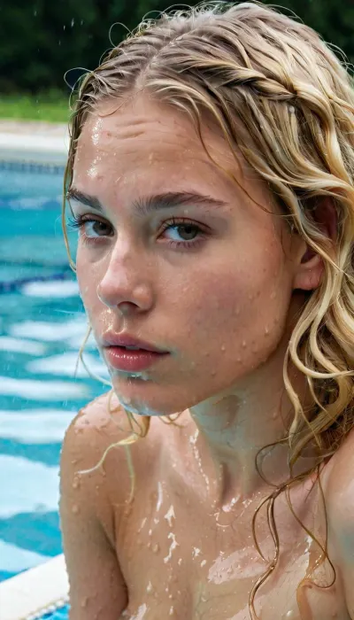 The woman looks as in the picture but Not Perfect Face Skin. she is 18 years old and about 160cm tall. She looks very young for her age. She sit in a Pool. The woman has very flat small breasts and is otherwise normal, ((important)), . She has a very hairy vagina. She has long blond wavy wet hair. Her Face and Body is wet. She got a very big cumshot in her Face and has a lot of milkySperm in her face on her cheeks nose and hair. She Fingers her pussy! Her Fingernails are normal.