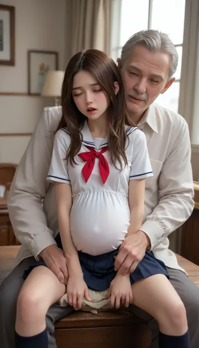 1girl, brown hair, pregnant, long hair, sitting, 1boy, open mouth, closed eyes, clothed sex, school uniform, sex, age difference, size difference, sex from behind, straddling, cowgirl position, grabbing from behind, old, old man, sitting on person, aged up, clothes, on person