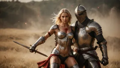 Full-body view of a slender, flat-chested, sexy blonde knight after a bloody battle. Her clothes are torn from battle, her armor broken. Covered in blood and sweat, she has passionately vaginally casual sex with a proud knight in armor but without a helmet., (They celebrate their victory with sex), Various sexual positions with an attractive knight against the backdrop of a detailed battlefield that disappears into blur. Perfect face, perfect hands, It is a late summer afternoon. The sun is low and illuminates the scene from behind. Sunbeams break beautifully over the battlefield. Orgasm, satisfied, gratified, smiling. The focus is on the couple, The entire image is technically designed to create dramatic atmosphere contrasted to the battle. DonM1uth3rXL, sunlight_str1, <lora:tbh71-sdxl:.2>, <lora:sunlight_str1-SDXL_v1-dim64-steps1691:2>