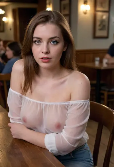 A young, pale-skinned chick with long, straight, reddish-brown hair is chilling at a wooden table in a cozy, dimly lit café. She's rocking a white, off-the-shoulder transparent white blouse and sipping on a Guinness beer. She has blue eyes, dark eyebrows, small natural tits, thick waist, wide hips, big ass, mouth slightly open, dull look, chubby, The place has black-and-white checkered floors, comfy wooden chairs, and some folks in the background are deep in conversation. Nighttime, seethru, <lora:seethruv3_SDXL:.3>