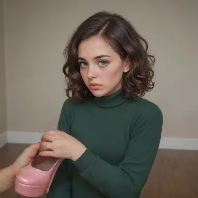 shy 28 year old woman, (embarrassed), (detailed expression), (room with wooden floor in background), (portrait, upper body shot, closeup:1.2), (middle parting), (turtleneck pullover), (short dark wavy hair), (dark brown hair), (curly bobcut), small breasts, flat chest, (dark green cashmere pullover), (dark green jumper), (emerald pullover), (well-built upper body), (holding pink platform high heels in her hands:1.2), (clutching pink shoes to her chest:1.2), holding, holding_shoes, <lora:holding_shoes_anime_xl_v1:.1>