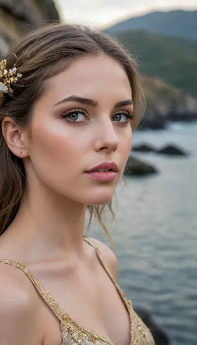 Portrait of a young woman, likely in her late teens or early twenties, with a serene and contemplative expression. Her gaze is directed slightly off to the side, conveying a thoughtful mood. She possesses light skin and long, dark hair, adorned with intricate gold floral and botanical patterns. Her makeup is subtly emphasized, with warm gold eyeshadow that elegantly highlights her eyes, adding a touch of mystique to her countenance. Her full lips are painted with a muted, pinkish-brown lipstick. The woman's face seamlessly blends with a landscape depicting a serene coastal scene. A sunrise or sunset illuminates the horizon, creating a soft glow and warmth across the water and mountains. Detailed layers of dark grey rocks, and pale-gray water, are visible, forming part of the face. A variety of gold-toned botanical elements, like delicate flowers and leaves, gracefully frame her features. The overall style is a surreal blend of portraiture and nature photography, with a touch of fantasy. The composition is a profile view, showcasing the beauty of the subject and the environment in a harmonious fusion. The lighting is soft, with warm tones emphasized around the facial features. The texture of the skin and the landscape varies, with smooth skin contrasted with the rough texture of the rocks and water. The artwork displays a strong connection between the woman and nature, creating a sense of ethereal beauty and tranquility. The background exhibits a deep, dark-gray tone, further emphasizing the intricate details of the design. The style could be categorized as surreal art, with elements of nature photography, and portraiture.