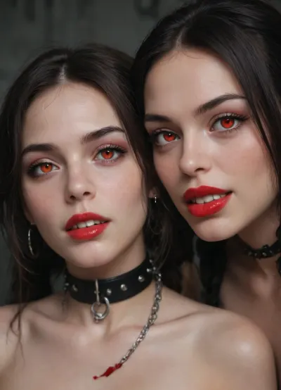 (((two 18 year old vampire girls))), midevil, glowing red eyes, black eyeshadow, sad face, closed mouth, one with black hair with rainbow hair, pigtails, red lipstick, blood dripping out of the corners of the mouth, vampire, vampire teeth, K-9 fangs, in a dark graveyard, bound in chains, doggie collar, pale skin, pale, skin, <lora:Pale_Skin_SDXL_v1.0:.8>, Subspecies, style, <lora:Subspecies style:.8>, Perfect, Fangs, fangs, sharp, teeth, fang, <lora:Unfazed vampire - XL SDXL V1.0:.8>, <lora:Mistress_of_the_night-000016:.8>