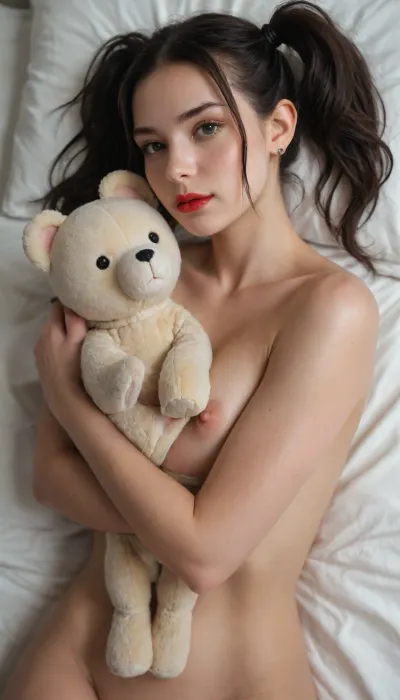 girl, naked, tiny figure, long straight black hair, red lipstick, green eyes, pigtails, slender, medium breasts, laying in bed hugging a stuffed animal