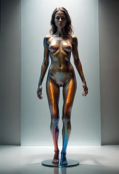 Naked transparent woman made of glass, glowing in various colors, full-length