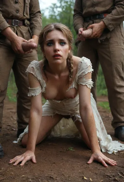 Extreme realism, masterpiece, beautiful Russian peasant, best quality, 25 years old, mature, on all fours, fucked by men, ((small tits are clearly visible)), nipples sticking out, dressed, (((dirty, worn, torn white dress of a Russian peasant woman of the Victorian era of the 1800s))), blonde hair braided, hands pulled back, abuse, devastation, fear, gangbang, (((Makeup is ruined, mascara is running))), (((Small breasts are clearly visible))), outdoors in a Russian village of the 1800s. Harsh military photo. Men in military uniforms from the Second World War., Photorealistic, (massive hairy and thick pubic bush, extremely hairy between legs, natural unshaved private parts, unshaved wild long thick natural pubes, unkempt long and thick pubic hair, extremely hairy, long and thick pubic hair, long and wild pubes, realistic pubic hair), @hrypctls1, <lora:@hrypctls1.v1.concept.sdxl_epoch_3:.8>, <lora:add-detail-xl:.8>, <lora:style_lora_realis:.8>, <lora:HellJourney_XL_V1_universal:.8>, <lora:253562_training_data:.8>