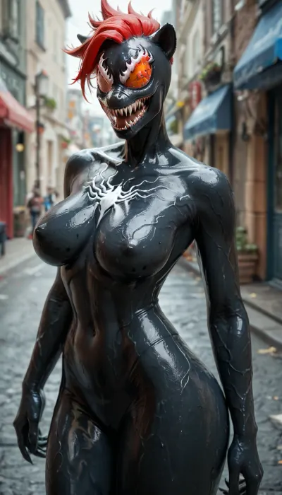 ((((tracer from overwatch)))), solo, ((((((anthro venom face body:2)))))), big breasts, score_9, score_8_up, score_7_up