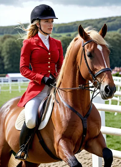 Super realistic image, full color image, 8K quality, super detail, masterpiece, London racecourse, show jumping, beautiful sexy girl with large breasts, long blonde hair braided into a thick plait, white breeches, black high boots, light riding helmet, red riding jacket unbuttoned at the chest, (one breast visible:1.4), ((riding a bay mare jumping over a barrier)), front view