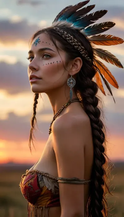A photorealistic portrait of a stunning young Sioux Indian woman stands in the fading light of a dramatic sunset on the open prairie at dusk, her slender figure silhouetted against the vibrant sky. She wears a majestic, intricately designed headdress adorned with colorful feathers, its grandeur a testament to her status and beauty. Her face, aglow with a subtle, flirty smile, is set in a delicate, heart-shaped profile, with full lips painted with a subtle sheen of lip gloss. Her eyes, pools of deep crystal, sparkle with a knowing glint, their light glowing pupils seeming to pierce through the gathering darkness. A delicate, complex hairstyle frames her face, its intricate braids and twists a marvel of ancient craftsmanship. As she exhales, her skin takes on a warm, aroused sheen, as if infused with the fiery spirit of the land. In the soft focus of the fading light, her long shadows stretch out before her, like dark, ethereal fingers, while the night air seems to vibrate with an ancient, mystical energy. In this moment, she is a vision of timeless beauty, a true princess of the prairie, her spirit as wild and free as the land itself., (big tits), face close-up, darktattoo, <lora:add-detail-xl:.6>, <lora:diablo-tattoo-1119:.8>, <lora:MJ52:.5>