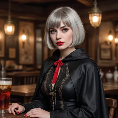 a Russian beauty milf, (silver hair, (bob cut with bangs:1.5), Russian girl. goth girl, goth makeup, red lipstick, cat eye makeup, smudged makeup), rich aristocrat, incognito, in a black cape with a hood thrown over a rich dress, sits in a dirty dark tavern among drunken beggars. clay mugs, lace filigree of bright, rich color. Super clear, highly detailed watercolor, glaze technique, plus colored alcohol ink, style of V. Vasnetsov