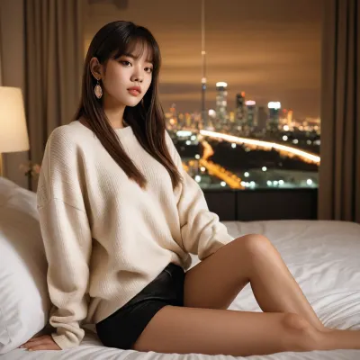 A hyper-realistic cinematic portrait of Lalisa Manoban, (Lisa from BLACKPINK), relaxing in her modern luxury hotel room at night. She is sitting on the edge of a king-size bed, barefoot, wearing a soft beige oversized sweater and black shorts. Her long black hair is slightly messy, natural, with soft bangs falling over her forehead. Warm ambient lighting from a bedside lamp creates a cozy golden glow on her skin. Her expression is calm, slightly dreamy, as she looks out the large window behind her showing a blurry city skyline with lights. The room has a minimalist but elegant design – beige and cream tones, modern furniture, a suitcase slightly opened in the corner, a designer handbag on a nearby chair. The photo captures a moment of rest and authenticity, high-detail 4K, natural skin texture, photorealistic.