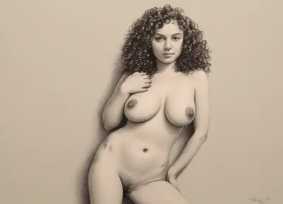 score_9, score_8_up, score_7_up, A detailed black and white pencil drawing with clean lines and meticulous shading, sketch of a fully nude woman with long curly hair, (curly1:2), leaning against a wall, both hands and arms raised above the head, legs spread open, soft features, and a serene expression. The drawing should have delicate shading and intricate details, capturing the essence of the subject with fine pencil strokes, background is be simple, allowing the focus to remain on the portrait itself, drawing, by, NTY, v0ng44g, sk3tch, .8>, she is curvy, sexy, medium tear drop tits, large areolas, slender medium build, light hair on pussy, puffy, nipples, dark, ghost, wide, <lora:sketch_it:1.3>, <lora:Nipples XL:.5>