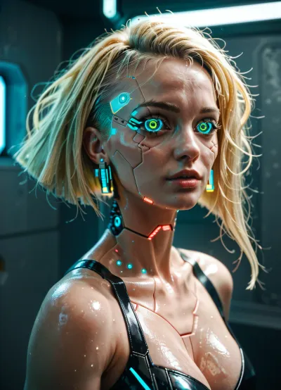 blonde, cyberpunk, remade in slut robot, extreme body modification, heavy body remodelling, brainwashing, light outlines body shapes, extremly dark ambiance