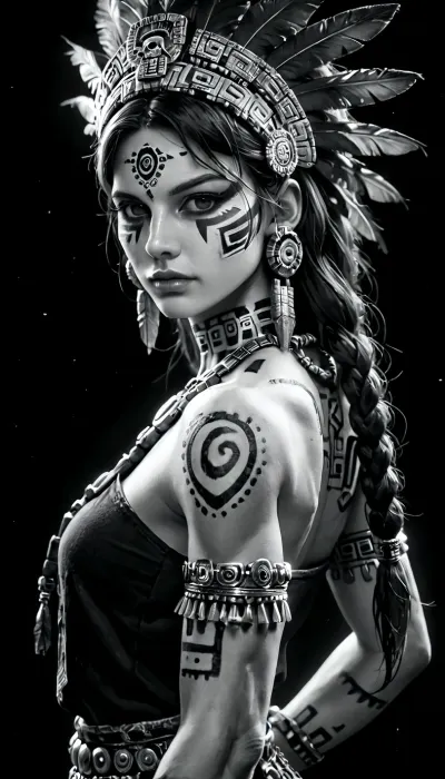 (old woman:1), evil, muscular, cyber, Aztec, God. detailed large black feathered headdress, black rags, glowing jewellery, cyber body paint, standing in a dark narrow cave passage, looking back at viewer, (detailed b&w face paint), (long black feathers:1), dark art style, highly detailed, headdress portrait., (black and white ratio:1.4), red neon glow, embers, grayeyes, perfecteyes, ral-embrglt, <lora:PerfectEyesXL:.5>, <lora:ral-embrglt-sdxl:.5>