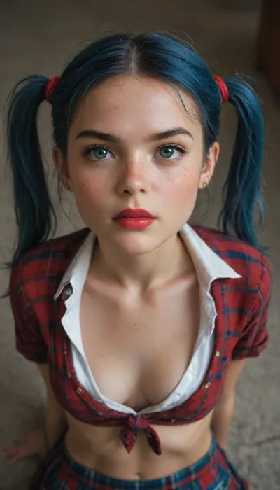 view from above, 18yo beauty, cute, green eyes, red lipstick, freckles, (very petite:1.8), angry, detailed HD pretty innocent beautiful face, pale skin, long pink and blue hair, pigtails, messy plaid School uniform, cleavage, big breasts, freckles on breasts, ((nipslip)), supermodel, face, big, lips, <lora:Beautify-Supermodel-SDXL:.8>, <lora:epicNewPhoto:.8>