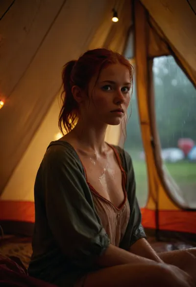 View from inside a dry and cozy tent, full body view, Holidays, campsite in constant rain, muddy weather, perfect face, 18 years old, firm flat breasted, (overflowing cleavage), ultra realistic skin, horny expression, sexy, innocent, hot, redhead, red hair, (ponytail:1.2), sitting inside the tent with a soaking wet summer dress that sticks to her skin and looks out, a thunderstorm is approaching, (lightning strikes:1), it is dry and cozy inside the messy tent, (dry and cozy tent interior:1.2), focused body, small colorful LED lamps give bright warm light, perfectly lit woman, soft sleeping bag, hvrn, heavy, rain, <lora:MJ52:.1>, <lora:607315_training_data:.5>