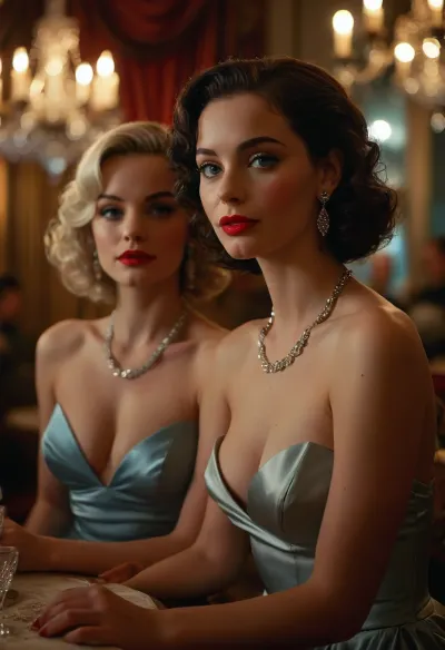 (masterpiece, best quality, ultra-detailed, photorealistic, vintage Hollywood glamour), two glamorous women at a formal evening party, 1950s retro style, sitting together at an elegant table under a sparkling chandelier, one woman with short black curly hair, pale flawless skin, striking light blue eyes, bold red lipstick, sculpted cheekbones, wearing a dark navy strapless satin gown with a sweetheart neckline, diamond necklace and earrings, holding a glass in her hand, elegant posture, confident expression, the other woman standing beside her with platinum blonde voluminous shoulder-length hair styled in soft waves, bright blue eyes, radiant smile, dramatic eyeliner, glossy pink lips, pale luminous skin, extremely voluptuous figure with large exposed cleavage, very tight and revealing silver satin dress with spaghetti straps, plunging neckline showing large round breasts, diamond chandelier earrings, hand resting lightly on her hip, both women exuding charm and charisma, softly blurred background with other guests, elegant vintage atmosphere, warm cinematic lighting, detailed textures, signed photo, <lora:MJ52:1>, <lora:SDXLHighDetail_v6-000005:1>