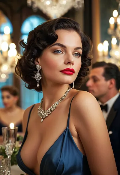 (masterpiece, best quality, ultra-detailed, photorealistic, vintage Hollywood glamour), two glamorous women at a formal evening party, 1950s retro style, sitting together at an elegant table under a sparkling chandelier, one woman with short black curly hair, pale flawless skin, striking light blue eyes, bold red lipstick, sculpted cheekbones, wearing a dark navy strapless satin gown with a sweetheart neckline, diamond necklace and earrings, holding a glass in her hand, elegant posture, confident expression, the other woman standing beside her with platinum blonde voluminous shoulder-length hair styled in soft waves, bright blue eyes, radiant smile, dramatic eyeliner, glossy pink lips, pale luminous skin, extremely voluptuous figure with large exposed cleavage, very tight and revealing silver satin dress with spaghetti straps, plunging neckline showing large round breasts, diamond chandelier earrings, hand resting lightly on her hip, both women exuding charm and charisma, softly blurred background with other guests, elegant vintage atmosphere, warm cinematic lighting, detailed textures, signed photo, <lora:MJ52:1>, <lora:SDXLHighDetail_v6-000005:1>