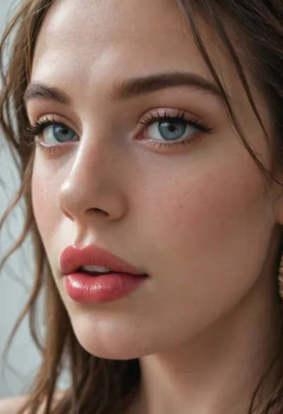 one woman, Extreme close up, detailed lips, 8k, intricate details, extreme detailed, focus on lips, gloss red lips, extreme close up, fake lips, kind expression