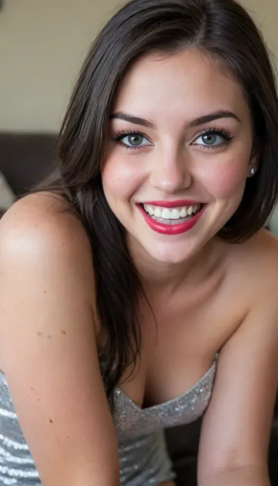 18 year old, black hair, red lipstick, earrings, nose ring, (mischievous girlfriend, naughty girlfriend, feisty grin, sparkling eyes:1.8), (natural breasts, pale breasts), small nose