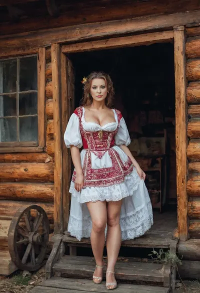 Full body portrait of a Russian beauty milf with oversized thick thighs and large floppy breast, in national costume. old russian village, wooden russian houses. lace filigree of bright, rich color. Super clear, highly detailed watercolor, glaze technique, plus colored alcohol ink.