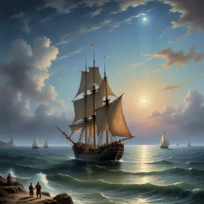The painting is in the style of the Russian artist Ivan Konstantinovich Aivazovsky.The canvas depicts a large sailboat sailing towards an island, the outlines of which are visible in the distance. The island is clearly visible against the background of the night sky and the sea, which are brightly illuminated by the light of the full moon.A small boat was moored to the side of the ship on the right side. Local merchants swam up to the ship to offer the sailors their goods, food or water, or that the crew was going to get into the boat to go ashore.There is another boat in the foreground. The people sitting in it look at the ship sailing on the sea.In the background, a two-manned ship with lowered sails is anchored.On the sea surface along the coast, small sailing boats are visible, on which local fishermen went out to sea for night fishing.The painting is dominated by blue and light blue shades. The author solved the pictorial task with the help of contrast, which gives the work a bright yellow moonlight, flooding the sea and sky with its radiance.The moonlight path, trembling on a small ripple of the sea, gives the image volume and perspective. Light clouds floating across the night sky frame a calm .The artist assigns the main role to the sailboat sailing to the island in the painting. A red light is visible inside the ship, which contrasts with the bright moonlight.The work is painted in oil on canvas