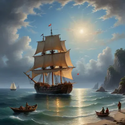 The painting is in the style of the Russian artist Ivan Konstantinovich Aivazovsky.The canvas depicts a large sailboat sailing towards an island, the outlines of which are visible in the distance. The island is clearly visible against the background of the night sky and the sea, which are brightly illuminated by the light of the full moon.A small boat was moored to the side of the ship on the right side. Local merchants swam up to the ship to offer the sailors their goods, food or water, or that the crew was going to get into the boat to go ashore.There is another boat in the foreground. The people sitting in it look at the ship sailing on the sea.In the background, a two-manned ship with lowered sails is anchored.On the sea surface along the coast, small sailing boats are visible, on which local fishermen went out to sea for night fishing.The painting is dominated by blue and light blue shades. The author solved the pictorial task with the help of contrast, which gives the work a bright yellow moonlight, flooding the sea and sky with its radiance.The moonlight path, trembling on a small ripple of the sea, gives the image volume and perspective. Light clouds floating across the night sky frame a calm .The artist assigns the main role to the sailboat sailing to the island in the painting. A red light is visible inside the ship, which contrasts with the bright moonlight.The work is painted in oil on canvas