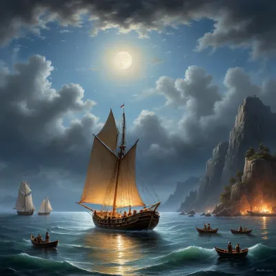 The painting is in the style of the Russian artist Ivan Konstantinovich Aivazovsky.The canvas depicts a large sailboat sailing towards an island, the outlines of which are visible in the distance. The island is clearly visible against the background of the night sky and the sea, which are brightly illuminated by the light of the full moon.A small boat was moored to the side of the ship on the right side. Local merchants swam up to the ship to offer the sailors their goods, food or water, or that the crew was going to get into the boat to go ashore.There is another boat in the foreground. The people sitting in it look at the ship sailing on the sea.In the background, a two-manned ship with lowered sails is anchored.On the sea surface along the coast, small sailing boats are visible, on which local fishermen went out to sea for night fishing.The painting is dominated by blue and light blue shades. The author solved the pictorial task with the help of contrast, which gives the work a bright yellow moonlight, flooding the sea and sky with its radiance.The moonlight path, trembling on a small ripple of the sea, gives the image volume and perspective. Light clouds floating across the night sky frame a calm .The artist assigns the main role to the sailboat sailing to the island in the painting. A red light is visible inside the ship, which contrasts with the bright moonlight.The work is painted in oil on canvas