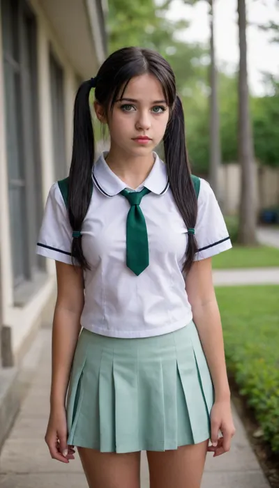 (full-length shot of a legal 18 years old cute virgin), school girl, black hair, pigtails, green eyes, black mascara